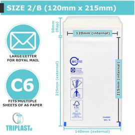 Triplast White Bubble Padded Envelopes - Pick Qty & Size: 10 x 2/B (120x215mm) C6 Envelopes - Large Letter Postage Bags with Bubble Wrap Lining and Peel & Seal Strip for Royal Mail Packing & Shipping