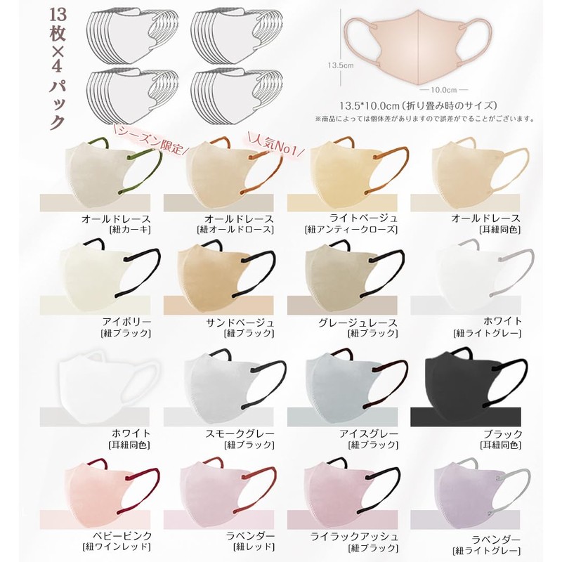 [ＬｉｌｙＮａ] マスク 52枚入(13枚×4パック) 【乾燥肌の不快感ヘ改良】 ３Dマスク 【適格請求書発行事業者】不織布マスク 定番マスク 立体マスク 不織布 ３D