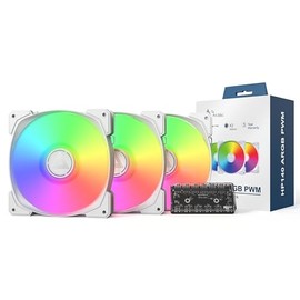 MONTECH HP140 ARGB PWM Rifle Bearing Fan 600-1600RPM, High Airflow Performing Fan 95.61CFM, 4-Pin, 3 in 1 Pack with 6X6 Fan Hub - 140mm White