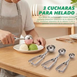 3 Piezas Cuchara para Helado, Acero Inoxidable, Cucharadas de Galletas