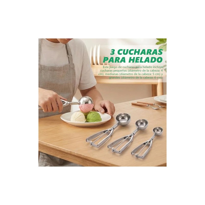 3 Piezas Cuchara para Helado, Acero Inoxidable, Cucharadas de Galletas