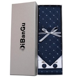 DiBanGu Plaid Ties for Men Silk Checkered Necktie and Pocket Square Cufflinks Tie Clip Set with Gift Box for Wedding Business, Navy and White
