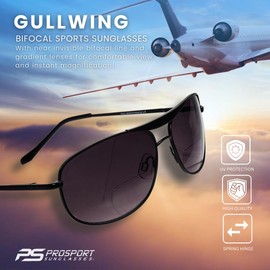 proSPORT Aviator Bifocal Sunglasses +3.50 Black Gunmetal Frame Smoke Lens Bifocal for Men and Women