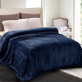 Whale Flotilla Flannel Fleece King Size Bed Blanket, Soft Velvet Lightweight Bedspread Plush Fluffy Coverlet Chevron Design Decorative Blanket for All Season, 90x104 Inch, Navy Blue
