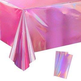 OQOQ Iridescent Table Cloths (2 Packs，Pink) - Rectangular Plastic Table Cover Disposable Tablecloth Hot Pink Birthday Decorations Waterproof Foil Tablecloth Bachelorette Party Disco Party 54x108