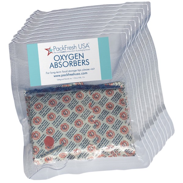 PackFreshUSA: 100 Pack (10 x 10 Packs) - 2000cc Oxygen Absorber Packs - Food Grade - Non-Toxic - Food Preservation - Long-Term Food Storage Guide Included