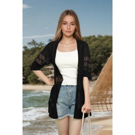 Women's Crochet Beach Cover Ups for Women Casual & Basic Style Tops Lightweight Summer Cardigan Suitable for Vacation Outfits 22-Black-S