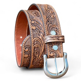 DANIEL'S ARTPLANET Western Leather Belt for Men Full Grain One Piece Leather Belt with Buckle Handmade Engraved Tooled 1.5” (Brown, 40)