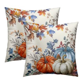 Imiss Fall Blue Orange Pumpkins Throw Pillow Covers 18 x 18 Inch Set of 2 Thanksgiving Maple Leaves Decorative Double Sided Cushion Cases Seasonal Outdoor Home Decor for Sofa Bedroom Porch