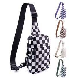 IBEE Sling Bag for Women Checkered Sling Crossbody Purse Waterproof Side Bag Nylon Chest Bag with Adjustable Strap