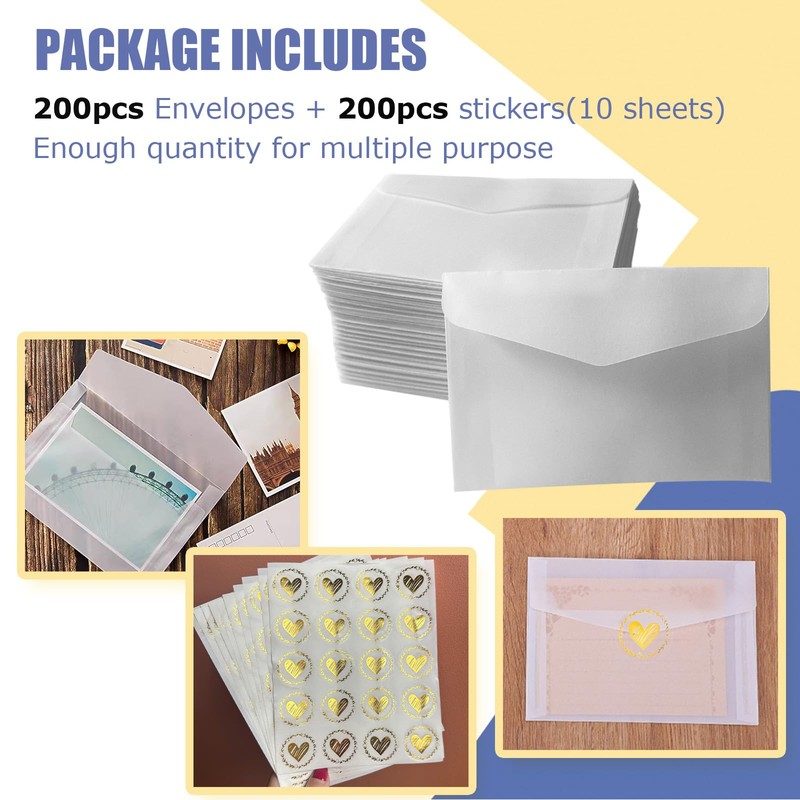 200 PCS Glassine Envelopes, 4.3 × 3.2 Inches Translucent Vellum