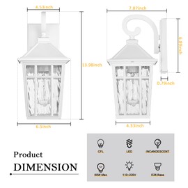 Darkaway Outdoor Wall Lights for House, Exterior Lighting Fixtures Wall Mount Outside Porch Lights Waterproof White Outdoor Sconce Lights with Water Ripple Glass for Patio Garage Front Door