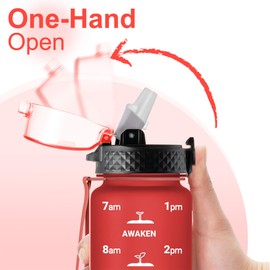 GOPPUS 1L/32oz Tritan Water Bottle with Straw Drink Bottles with Flip Top Lid Lockable Sports Bottle with Time Markings & Strap BPA Free Men Women Aldult Gym Outdoor Hiking Running Leakproof Reusable