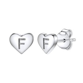 Delicate S925 Silver Heart Pendant Earrings Gift 26 Letter Initial A-Z Stud Erarrings For Women Girls Mum Daughter Sisters Friends Lover Birthday Christmas Party Silver Jewellery (F)
