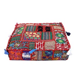 CRAFT KALA Indian Square Patchwork Traditional Pouf Cover Indian Living Room Poufs Decorative Embroidered Designer Ottoman Home Living Footstool Chair Cover Decor Pillow Cover 16x16x5 inches, Red