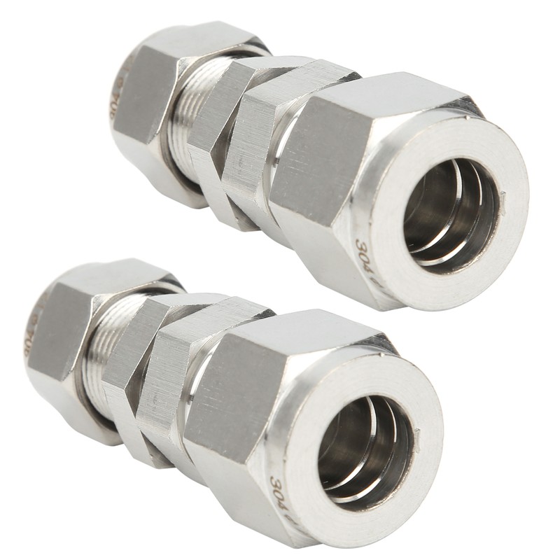 2Pcs Ferrule Compression Fitting Bulkhead Connector 2‑Touch Straight 304 Stainless