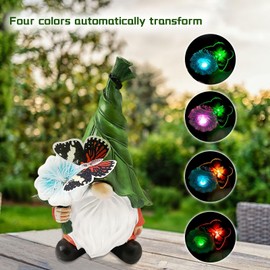 AVEKI Garden Statues Outdoor, Cute Dwarf Figurines with Change Color Solar Lights, Solar Powered with Butterfly and Flowers Outdoor Garden Decor for Yard Lawn Patio (Butterfly)