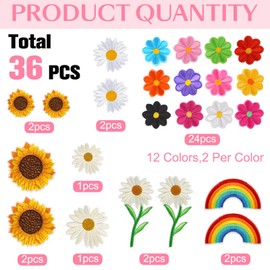 Coopay 36 Pieces Sunflower Iron/Sew on Patches Daisy Flower Cute Rainbow Embroidered Applique Patches for Clothing Large Colorful Decorative Daisy Repair Clothes Dress Hat Jeans DIY