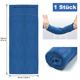 CAAGGMM Sports Towel, 120 x 50 cm, Fitness Towel with Zip Pocket, Absorbent Sports Towel, Portable Sports Towel, Quick Drying, for Outdoor Sports, Yoga, Dark Blue