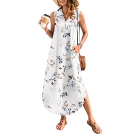 WNEEDU Summer Dresses for Women 2025 Maxi Dresses Casual Collared V-Neck Sleeveless Sundresses Split Beach Long Dress Travel Vacation Outfits,Floral White L