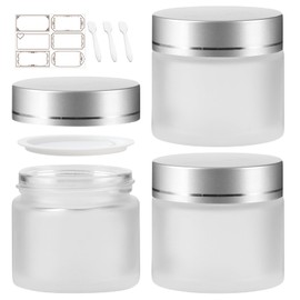 2 oz Frosted Round Glass Jars, Pack of 3 with Silver Plastic Lids, Cosmetics Containers for Face Cream Lotion, Powder, Candle, Spice, Body Butter