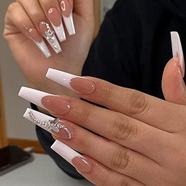 24 uñas postizas largas de acrílico para ballet, blanco francés, con diseño de mariposa, para mujeres y niñas