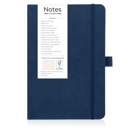 Notes London Luxury Italian style A5 Notebook with Stitched Hardcover, 100gsm Lined Numbered & Date Marked Pages, 2x Ribbons, Pen Loop, Contents Page, Paper Pocket, Medium Journal, Sustainable (Navy)
