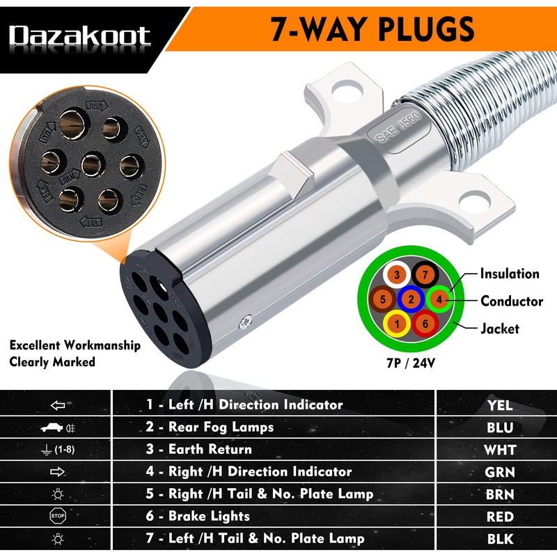 Dazakoot 7 Way ABS Trailer Cord, 15FT Straight 7 Way