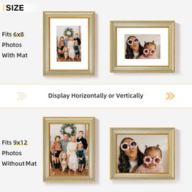 KSROECUD 9x12 Picture Frame for 6x8 Photo with White Mat, HD Real Glass 9x12 Vintage Photo Frame with Gold Green Texture Border Horizontal & Vertical Display for Tabletop or Wall Decor (1 Pack)