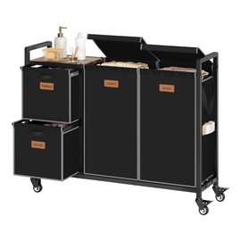 Hoctieon 4 Section Laundry Cart, 52.8 Gal. (200L) Laundry Hamper with Lid, Laundry Basket with Wheels, Rolling Laundry Sorter Organizer with Shelf, Clothes Separator with Removable Bags, Black