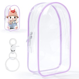 Purple Clear Figure Display Bag with Keychain for Doll, Positive Doll Storage Bag, Pouch Keychain Charms for Collectibles (with Zipper- Waterproof) Building Block Storage Bag,7.4 * 4.2 inch