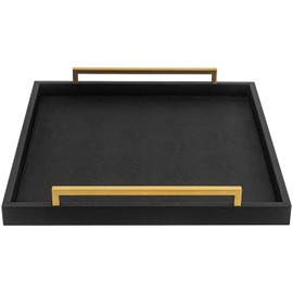 Extra Black Large Serving Tray with Handles for Ottoman,Versatile Shagreen Leather Square Ottoman Tray for Living Room