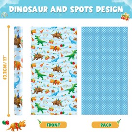 WERNNSAI Dinosaur Birthday Wrapping Paper Roll - 1 Roll 17”x 9.84 ft Blue Dinosaur Wrapping Paper for Boys Birthday Gift Packing Supply Baby Dino Decor Favor