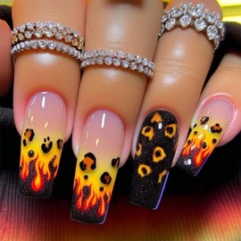 Vopintpy Flame Leopard Print Press on Nails Medium Square Fake Nails Black Yellow Gradient Acrylic Glue on Nail Glossy Reusable Full Cover Artificial Stick on Nail for Women DIY Manicure