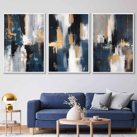 Blue and Gold Abstract Canvas Wall Art Navy Abstract Painting Modern Abstract Wall Art Blue and White Picture Gold Foil Artwork Black Navy and White Art for Living Room Bedroom 16x24inchx3pcs No Frame