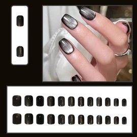 [ALLEVG] Nail Tip, 24 Pieces, Magnet Type, Fascinating Nails, Cat Eye Stone, Nail Tip, Black, Glossy, Sparkling Japanese Style, Cute, Simple, Short, Popular, Nail Stickers, Cute, Cute, Spring, Summer,