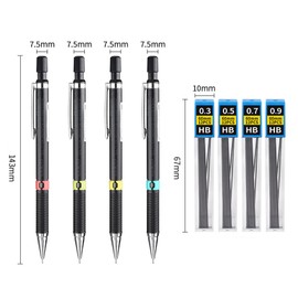 MOYWYCNO 4pcs Mechanical Pencil Set 0.3/0.5/0.7/0.9mm HB with 12 Lead Refills and 2 Erasers for Sketching, Drawing and Writing