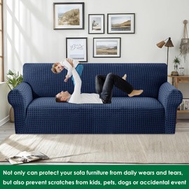 MAXIJIN Stretch Couch Cover Sofa Covers for 3 Cushion Couch (71"-91" Washable Sofa Slipcovers with Non-Slip Foam & Elastic Strap, Dog Cat Pet Friendly Furniture Protector (Large, Navy Blue)