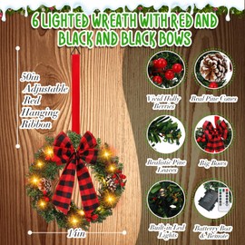 Ceenna Set of 6 Prelit Lighted Christmas Wreath 15 Inch Prelit Christmas Wreath with Large Buffalo Bow Battery Operated with 8 Modes Timer Remote Holiday Indoor Outdoor Decor Home Front Door(Classic)