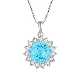YL Round Necklace 925 Sterling Silver Fireworks Cut Pendant 5A Cubic Zirconia Chain Jewellery Gifts for Women, Silver, Aquamarine