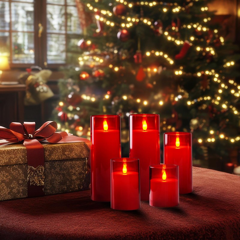 Homemory Christmas Red Flickering Flameless Candles, Battery Operated Acrylic LED
