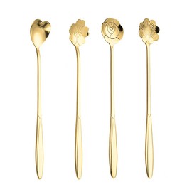 SHLWYG Stainless Steel Spoons Set, 4 Creative Long Spoons, Stainless Steel Cherry Blossom Spoon, Flower Coffee Spoon, Golden Flower Spoon