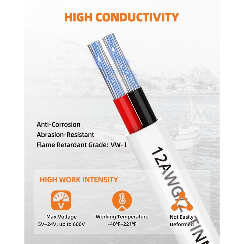 CONEPY 12 Gauge Marine Wire, 12/2 Duplex Marine Grade Cable,