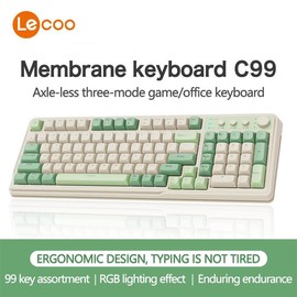Lecoo C99 Keyboard, Wired/2.4G Wireless/BT Tri-mode Keyboard, Rechargeable Ergonomic Keyboard with Backlight, Multifunctional Pastel Color Keyboard for Office Home, Hard Plastic:_White & Green_1pc