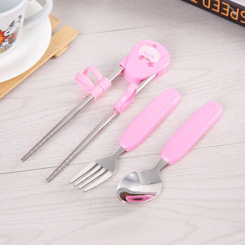 3Pcs/Set Stainless Steel Spoon Fork Chopsticks Child Cutlery Kids Training
