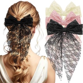 3Pcs Lace Hair Bow Clips for Women, French Bowknot Barrettes with Long Tails Large Hair Bows Double Lace Hairbows Aesthetic Bridal Accessories for Women Girls