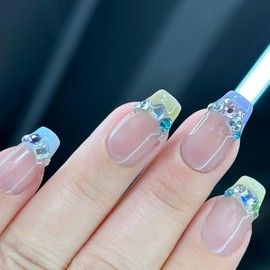 Ricefod Press on Nails Handmade French Tip Fake Nails 10 Pcs Reusable Luxury Nails with Colorful Diamonds Press on False Nails Macaron Colors Nails Set, Small Size