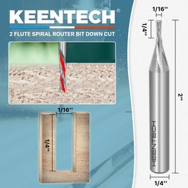 KEENTECH 1/4" Shank Downcut 2 Flute Flat Tip Sprial Router Bit for CNC Router Machine, 1/16" Cutting Diameter, 1/4" Cutting Depth, for Wood Cutting, Custom Furniture, Slot Mortise, Engraving, Carving