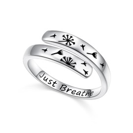 FLYOW Adjustable Dandelion Inspirational Rings 925 Sterling Silver Spiral Wrap Twist Engraved Just Breathe Ring Encouragement Jewelry for Women