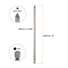 sourcing map 2pcs #1 Phillips Screwdriver Bit PH1 1/4" Hex Shank 8" (200mm) Long Magnetic S2 Steel Industrial Grade Screw Driver Bit Cross Head Electric Drill Bits 0.236" (6mm) Rod